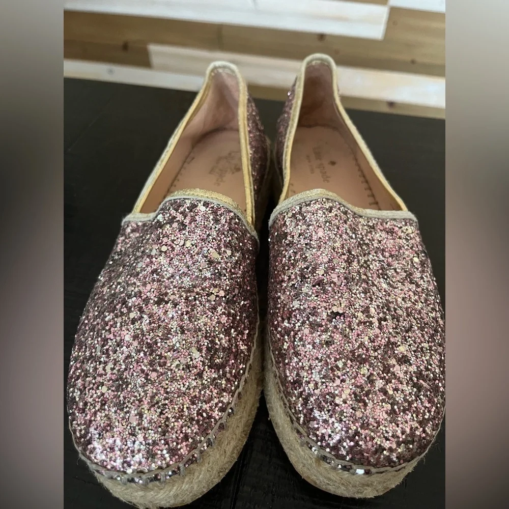 Kate Spade Linds Too Rose Gold Glitter Espadrille Pink SZ 8